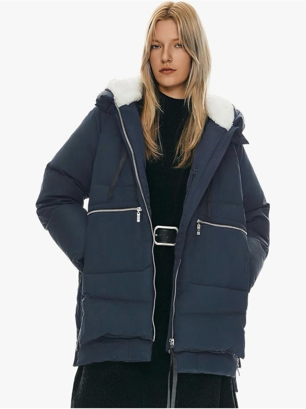 Womens Navy Puffer Coat with Faux-Sherpa Hood